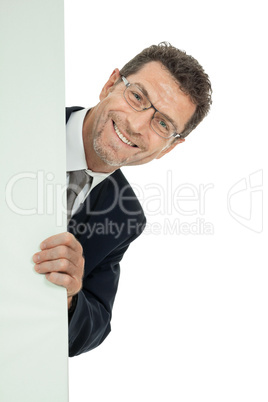 mature smiling businessman holding billboard copyspace isolated