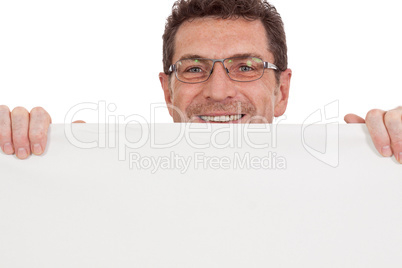 mature smiling businessman holding billboard copyspace isolated