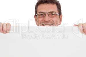 mature smiling businessman holding billboard copyspace isolated