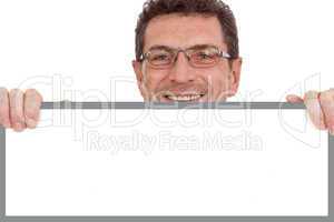 mature smiling businessman holding billboard copyspace isolated