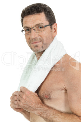 smiling mature sporty man with towel fittness sport health isolated