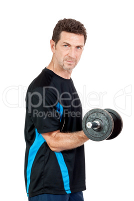 adult attractive man with iron dumbbell isolated