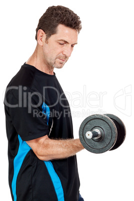 adult attractive man with iron dumbbell isolated