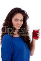 beautiful smiling brunette woman is drinking red juice