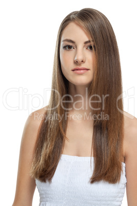 beautiful bruntte woman with straight long hair isolated
