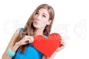 smiling young woman and red heart love valentines day
