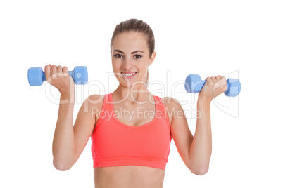 healthy smiling girl workout with dumbbell isolated