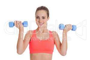 healthy smiling girl workout with dumbbell isolated