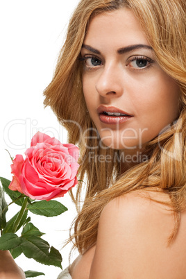 attractive young smiling woman with flowers roses isolated
