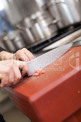 Chef or butcher dicing meat