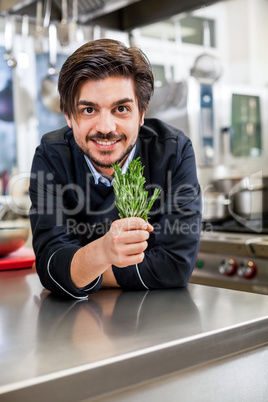 Chef checking the freshness of a bunch of herbs