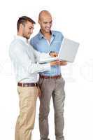 Two businessmen consulting a laptop