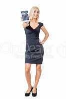 Sexy woman holding up a calculator