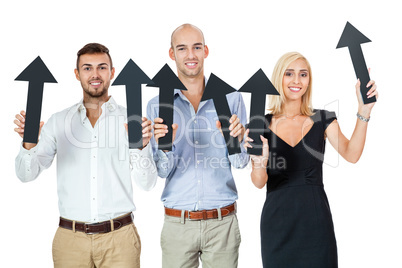happy people showing up black arrows isolated