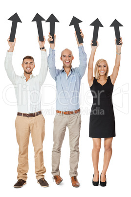 happy people showing up black arrows isolated