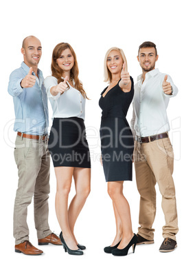smiling business team group together thumbs up isolated
