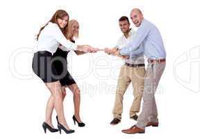 business woman against businessman pulling rope isolated
