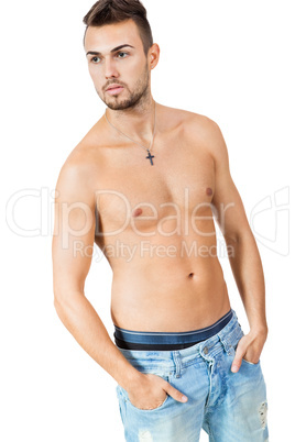 young attractive man in jeans and naked body isolated