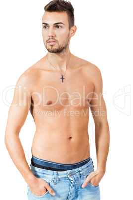 young attractive man in jeans and naked body isolated