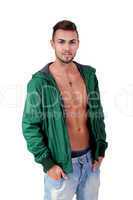 young adult man with green jacket portrait isolated