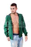 young adult man with green jacket portrait isolated