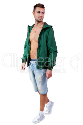 young adult man with green jacket portrait isolated