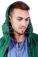 young adult man with green jacket portrait isolated