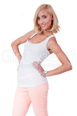 attractive young smiling blonde woman isolated