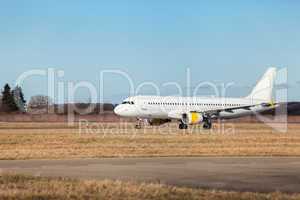 Passenger airliner taking off at an airport