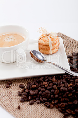 fresh aromatic coffee and cookies on table