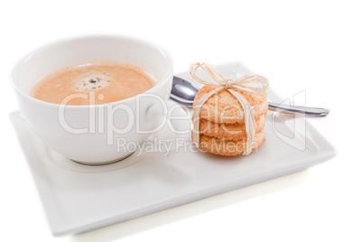 fresh aromatic coffee and cookies on table