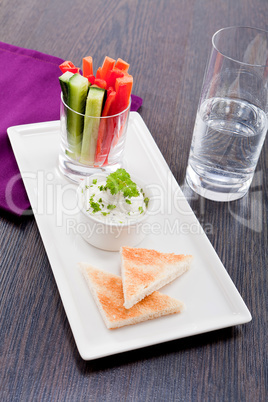 fresh vegetables and cream cheese dip snack