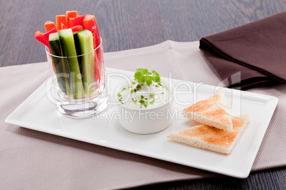 fresh vegetables and cream cheese dip snack