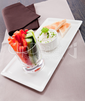 fresh vegetables and cream cheese dip snack