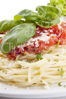 tatsty fresh spaghetti with tomato sauce and parmesan isolated