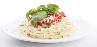 tatsty fresh spaghetti with tomato sauce and parmesan isolated