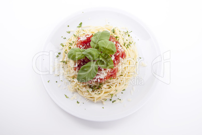 tatsty fresh spaghetti with tomato sauce and parmesan isolated