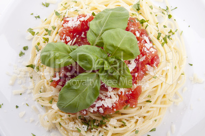 tatsty fresh spaghetti with tomato sauce and parmesan isolated