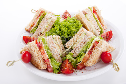 fresh tasty club sandwich with salad and toast isolated