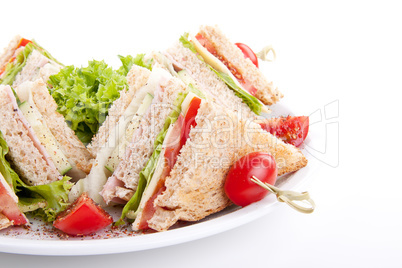 fresh tasty club sandwich with salad and toast isolated