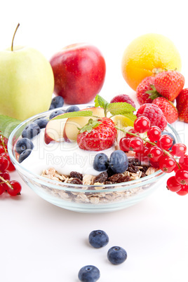 deliscious healthy breakfast with flakes and fruits isolated