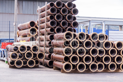 Plastic pipes in a factory or warehouse yard