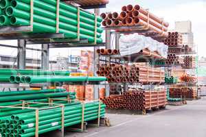 Plastic pipes in a factory or warehouse yard