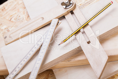 Carpenters level, ruler and right angle