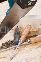 Drill with timber, screwdrivers and screws