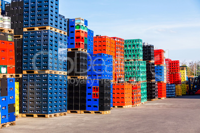 Stacks of beverage bottle crates