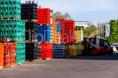 Stacks of beverage bottle crates