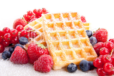 sweet fresh tasty waffles with mixed fruits isolated