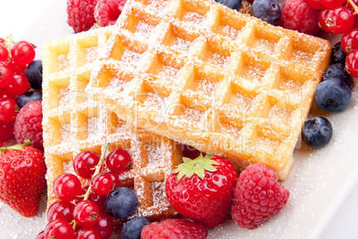 sweet fresh tasty waffles with mixed fruits isolated