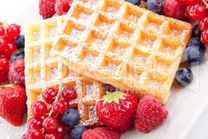 sweet fresh tasty waffles with mixed fruits isolated